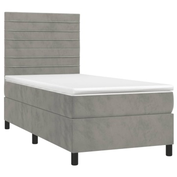 Pat box spring cu saltea, gri deschis, 90x190 cm, catifea - Img 3