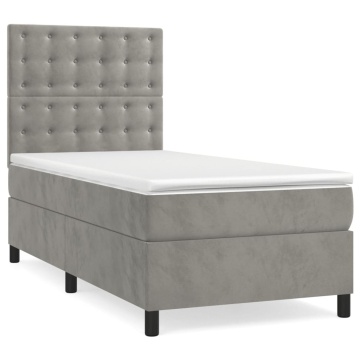 Pat box spring cu saltea, gri deschis, 90x190 cm, catifea - Img 2