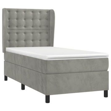 Pat box spring cu saltea, gri deschis, 90x190 cm, catifea - Img 3