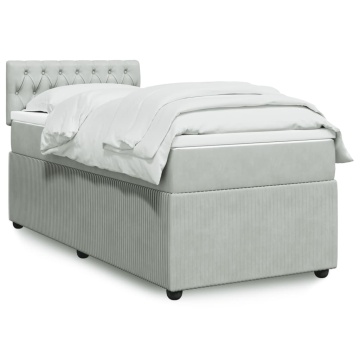 Pat box spring cu saltea, gri deschis, 90x190 cm, catifea - Img 1