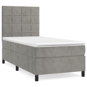 Pat box spring cu saltea, gri deschis, 90x190 cm, catifea - Img 2
