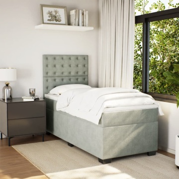 Pat box spring cu saltea, gri deschis, 90x190 cm, catifea - Img 3