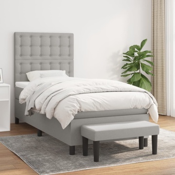 Pat box spring cu saltea, gri deschis, 90x200 cm, textil - Img 1