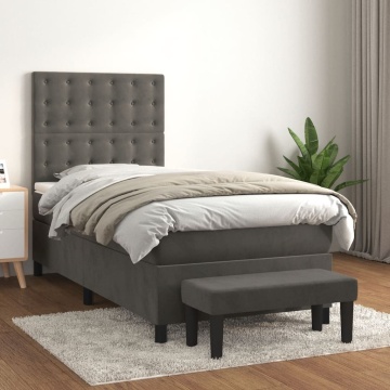 Pat box spring cu saltea, gri închis, 100x200 cm, catifea - Img 1