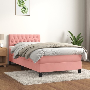 Pat box spring cu saltea, roz, 90x200 cm, catifea - Img 1