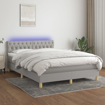 Pat cu arcuri, saltea și LED, gri deschis, 140x200 cm, textil - Img 1