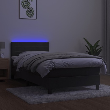 Pat cu arcuri, saltea și LED, gri închis, 100x200 cm, catifea - Img 4