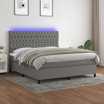 Pat cu arcuri, saltea și LED, gri închis, 180x200 cm, textil - Img 1