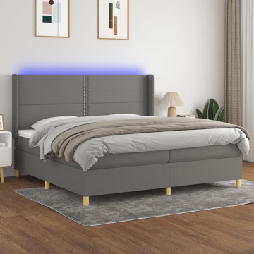 Pat cu arcuri, saltea și LED, gri închis, 200x200 cm, textil - Img 1