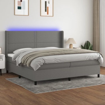 Pat cu arcuri, saltea și LED, gri închis, 200x200 cm, textil - Img 1