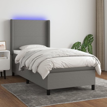 Pat cu arcuri, saltea și LED, gri închis, 90x190 cm, textil - Img 1
