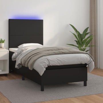 Pat cu arcuri, saltea și LED, negru, 100x200cm, piele ecologică - Img 1