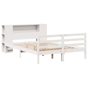 Pat cu bibliotecă fără saltea, alb, 140x190 cm, lemn masiv pin - Img 3