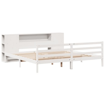 Pat cu bibliotecă fără saltea, alb, 200x200 cm, lemn masiv pin - Img 3