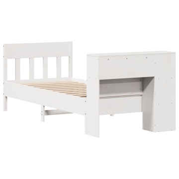 Pat cu bibliotecă fără saltea, alb, 75x190 cm, lemn masiv pin - Img 5