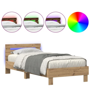 Pat cu lumini LED Stejar Artisan 90x200 cm Lemn ingineresc - Img 4