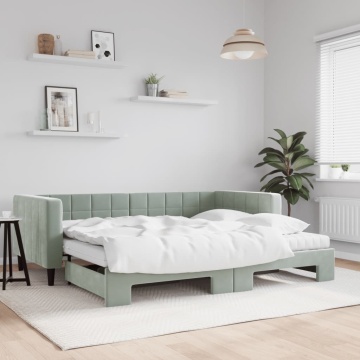 Pat de zi cu extensie și saltele, gri deschis 90x200 cm catifea - Img 1