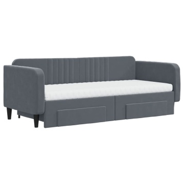 Pat de zi cu extensie și sertare gri închis 90x200 cm catifea - Img 3
