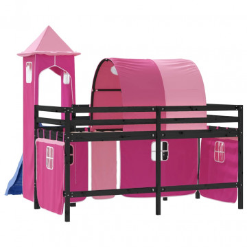 Pat etajat de copii cu turn, roz, 80x200 cm, lemn masiv pin - Img 6