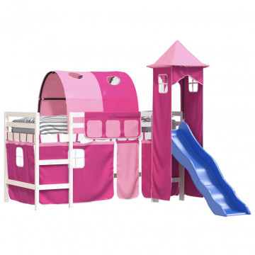 Pat etajat de copii cu turn, roz, 90x190 cm, lemn masiv pin - Img 3