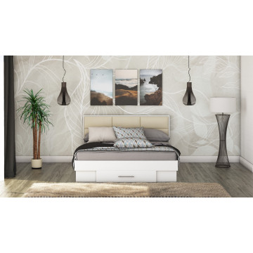 Pat solano alb cu noptiere si saltea, tablie tapitata crem, 140×200 cm - Img 3