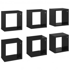 Raft de perete cub, 6 piese, negru extralucios, 22x15x22 cm PAL - Img 2