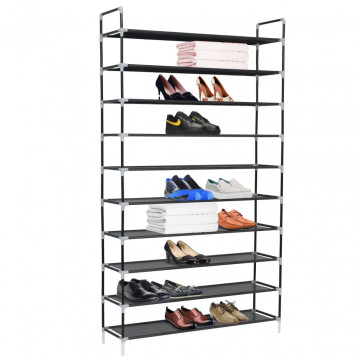 Raft pantofi 10 etajere, Metal și material textil nețesut Negru - Img 2