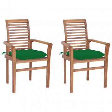 Scaune de masă cu perne verde, 2 buc., lemn masiv tec - Img 1