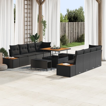 Set 11 Piese Sofa Grădină cu Perne Ratan Poli Acacia Negru, Set 3 Piese Masă Grădină cu Perne Ratan Poli Acacia Negru - Img 1