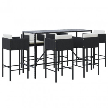 Set bar de grădină, 7 piese, cu perne, negru, poliratan - Img 2