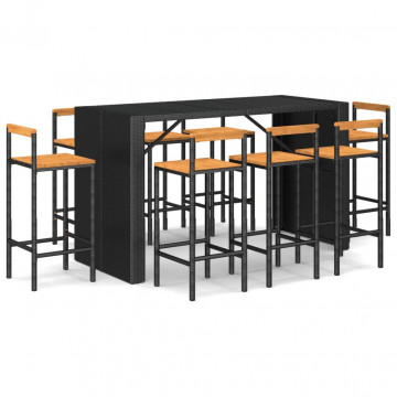 Set bar pentru grădină, 9 piese, negru, poliratan/lemn acacia - Img 2