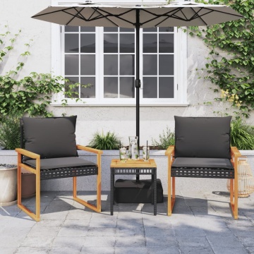 Set bistro cu perne, 3 piese, negru, poliratan și lemn acacia - Img 3