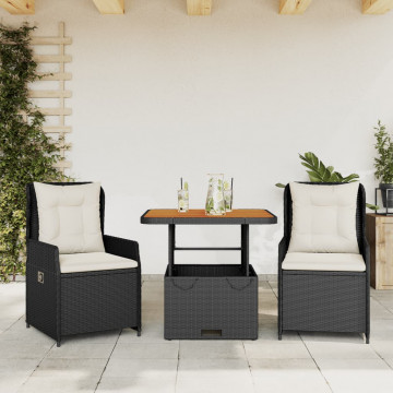 Set bistro cu perne, 3 piese, negru, poliratan - Img 1