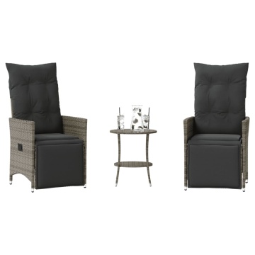 Set bistro de grădină cu perne, 3 piese, gri, poliratan - Img 1