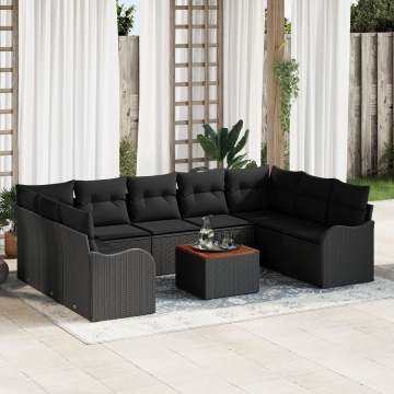 Set canapea grădină 10 piese cu perne Ratan polyester negru Acacia, Canapea grădină 2 locuri cu perne Ratan polyester negru - Img 1