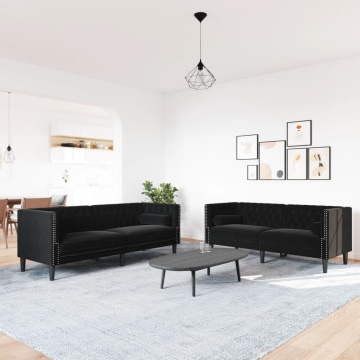 Set canapele Chesterfield cu perne rulou 2 piese negru catifea - Img 3
