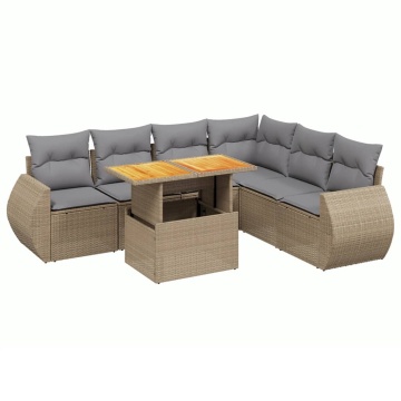 Set canapele de grădină, 7 piese, cu perne, bej, poliratan - Img 2