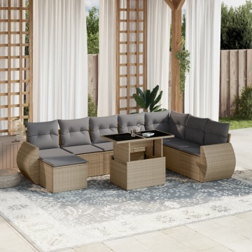 Set canapele de grădină, 9 piese, cu perne, bej, poliratan - Img 1