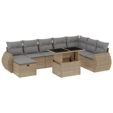 Set canapele de grădină, 9 piese, cu perne, bej, poliratan - Img 2
