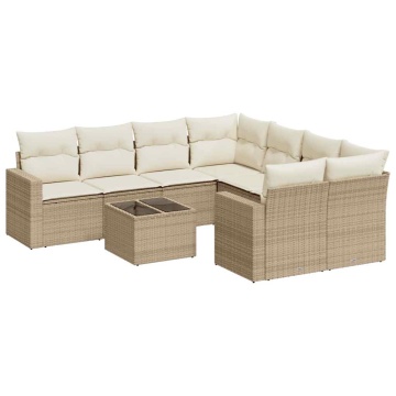 Set canapele de grădină, 9 piese, cu perne, bej, poliratan - Img 2