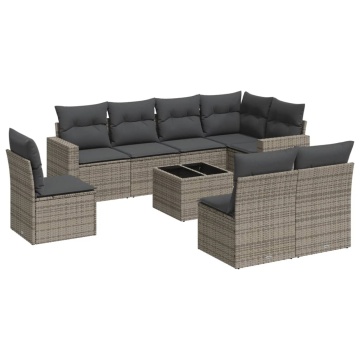 Set canapele de grădină, 9 piese, cu perne, gri, poliratan - Img 2