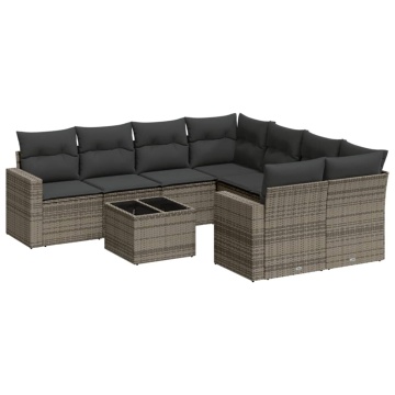 Set canapele de grădină, 9 piese, cu perne, gri, poliratan - Img 2