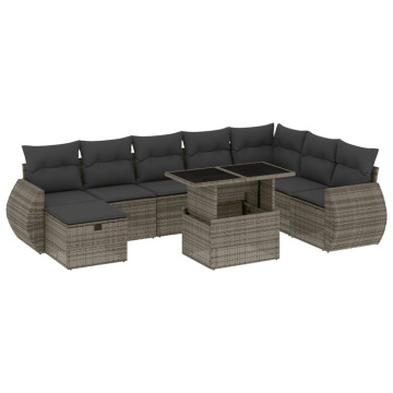 Set canapele de grădină, 9 piese, cu perne, gri, poliratan - Img 2