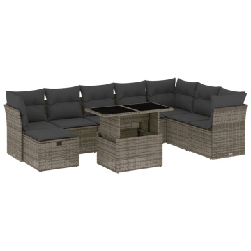 Set canapele de grădină, 9 piese, cu perne, gri, poliratan - Img 2
