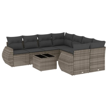 Set canapele de grădină, 9 piese, cu perne, gri, poliratan - Img 2