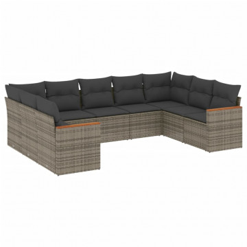 Set canapele de grădină, 9 piese, cu perne, gri, poliratan - Img 2