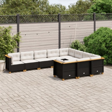 Set canapele de grădină cu perne, 10 piese, negru, poliratan - Img 1