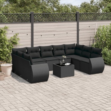 Set canapele de grădină cu perne, 10 piese, negru, poliratan - Img 1
