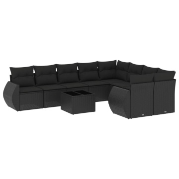 Set canapele de grădină cu perne, 10 piese, negru, poliratan - Img 2