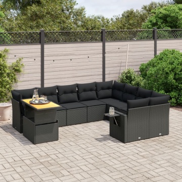 Set canapele de grădină cu perne, 10 piese, negru, poliratan - Img 1